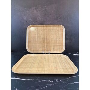 VTG PAIR (2) 1970s Cambro Camtray TV Tray Rattan Wicker Fiberglass 16X12